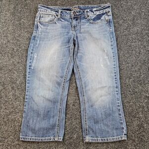 Vanity Capri Jeans Womens 29 Medium Wash Stretch Denim Distressed Cropped